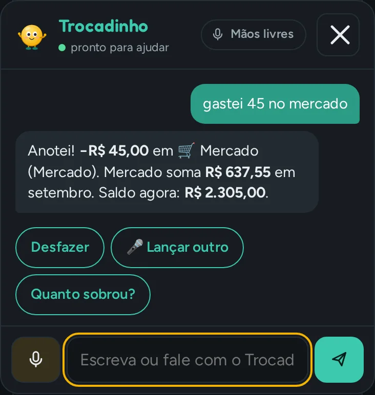 Conversa no app: a pessoa escreve gastei 45 no mercado e o Trocadinho responde com a categoria e o saldo novo.